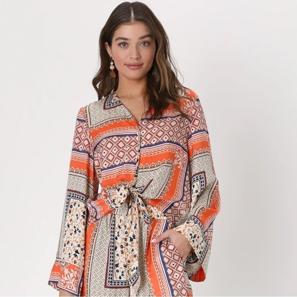 Lulus Moments in Mykonos Orange Scarf Print Tie-Front Long Sleeve Top Sz Medium